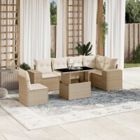 vidaXL 7-tlg. Garten-Sofagarnitur mit Kissen Beige Poly Rattan