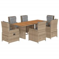 vidaXL 7-tlg. Garten-Essgruppe mit Kissen Beige Poly Rattan