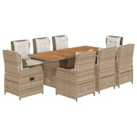 vidaXL 9-tlg. Garten-Essgruppe mit Kissen Beige Poly Rattan