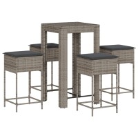 vidaXL 5-tlg. Gartenbar-Set mit Kissen Grau Poly Rattan