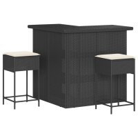 vidaXL 3-tlg. Gartenbar-Set mit Kissen Schwarz Poly Rattan