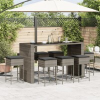 vidaXL 9-tlg. Gartenbar-Set mit Kissen Grau Poly Rattan