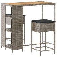 vidaXL 3-tlg. Gartenbar-Set mit Kissen Grau Poly Rattan