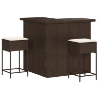 vidaXL 3-tlg. Gartenbar-Set mit Kissen Braun Poly Rattan