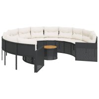 vidaXL Gartensofa mit Tisch und Kissen Rund Schwarz Poly-Rattan