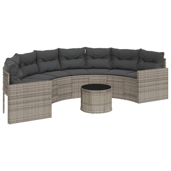 vidaXL Gartensofa mit Tisch und Kissen Halbrund Grau Poly Rattan