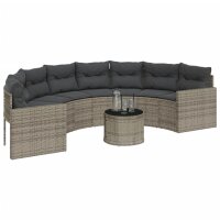 vidaXL Gartensofa mit Tisch und Kissen Halbrund Grau Poly Rattan