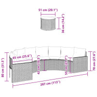 vidaXL Gartensofa mit Tisch und Kissen Halbrund Grau Poly Rattan