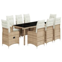 vidaXL 9-tlg. Garten-Bistro-Set mit Kissen Beige Poly Rattan