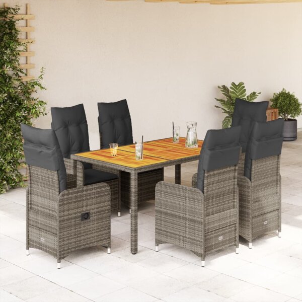 vidaXL 7-tlg. Garten-Bistro-Set mit Kissen Grau Poly Rattan