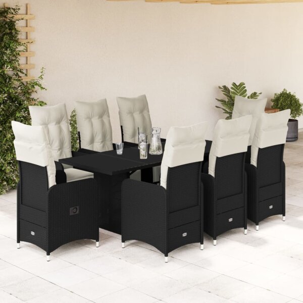 vidaXL 9-tlg. Garten-Bistro-Set mit Kissen Schwarz Poly Rattan