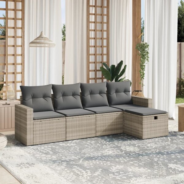 vidaXL 5-tlg. Garten-Sofagarnitur mit Kissen Hellgrau Poly Rattan