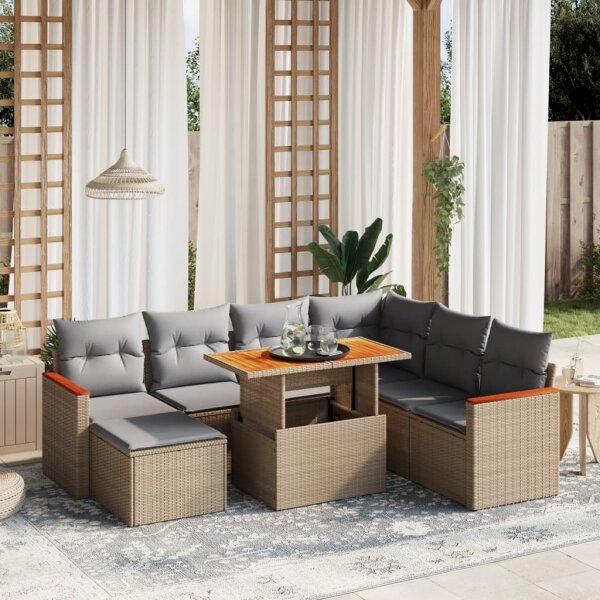 vidaXL 8-tlg. Garten-Sofagarnitur mit Kissen Beige Poly Rattan