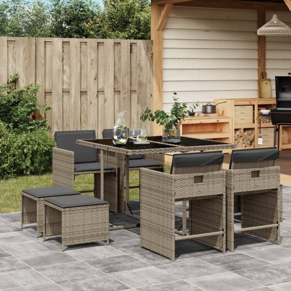 vidaXL 9-tlg. Garten-Essgruppe mit Kissen Grau Poly Rattan