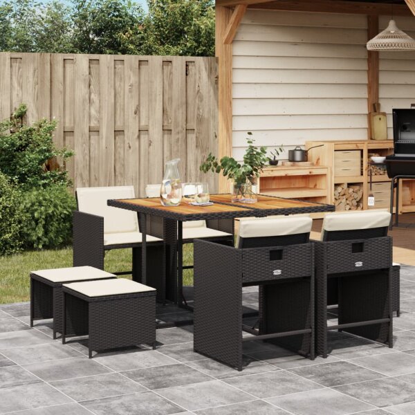 vidaXL 9-tlg. Garten-Essgruppe mit Kissen Schwarz Poly Rattan