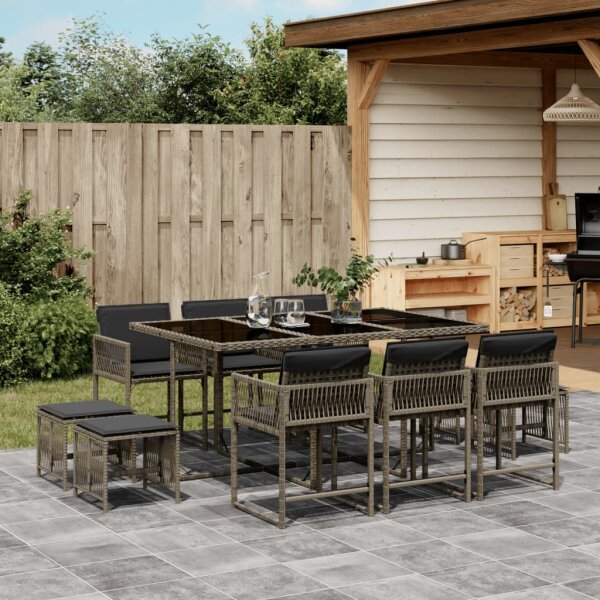 vidaXL 11-tlg. Garten-Essgruppe mit Kissen Grau Poly Rattan