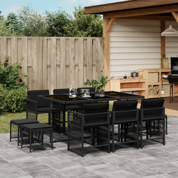 vidaXL 11-tlg. Garten-Essgruppe mit Kissen Schwarz Poly Rattan