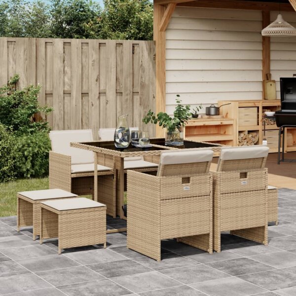 vidaXL 9-tlg. Garten-Essgruppe mit Kissen Beige Poly Rattan