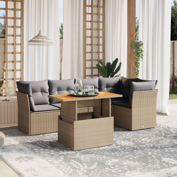 vidaXL 5-tlg. Garten-Sofagarnitur mit Kissen Beige Poly Rattan