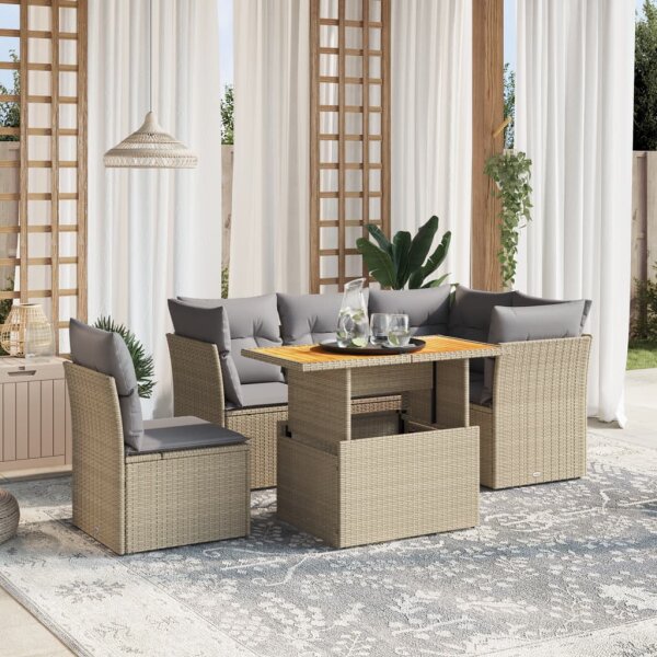 vidaXL 5-tlg. Garten-Sofagarnitur mit Kissen Beige Poly Rattan