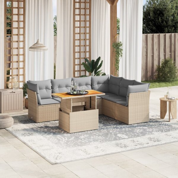 vidaXL 7-tlg. Garten-Sofagarnitur mit Kissen Beige Poly Rattan