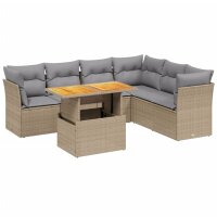 vidaXL 7-tlg. Garten-Sofagarnitur mit Kissen Beige Poly Rattan