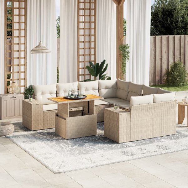 vidaXL 9-tlg. Garten-Sofagarnitur mit Kissen Beige Poly Rattan