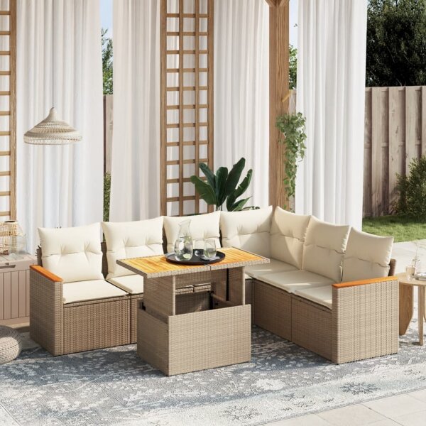 vidaXL 7-tlg. Garten-Sofagarnitur mit Kissen Beige Poly Rattan