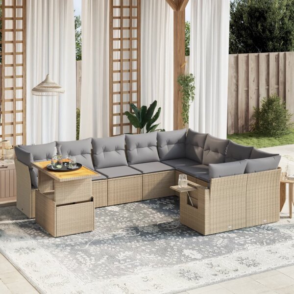 vidaXL 10-tlg. Garten-Sofagarnitur mit Kissen Beige Poly Rattan