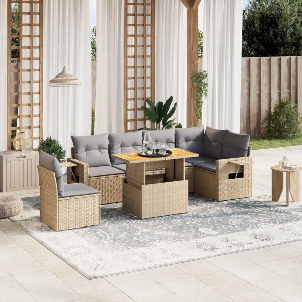 vidaXL 7-tlg. Garten-Sofagarnitur mit Kissen Beige Poly Rattan