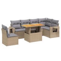 vidaXL 7-tlg. Garten-Sofagarnitur mit Kissen Beige Poly Rattan