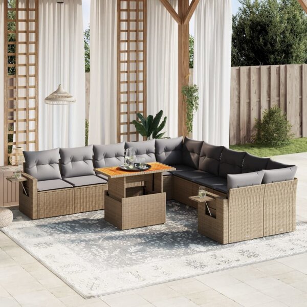 vidaXL 11-tlg. Garten-Sofagarnitur mit Kissen Beige Poly Rattan