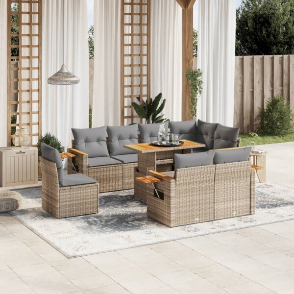 vidaXL 9-tlg. Garten-Sofagarnitur mit Kissen Beige Poly Rattan