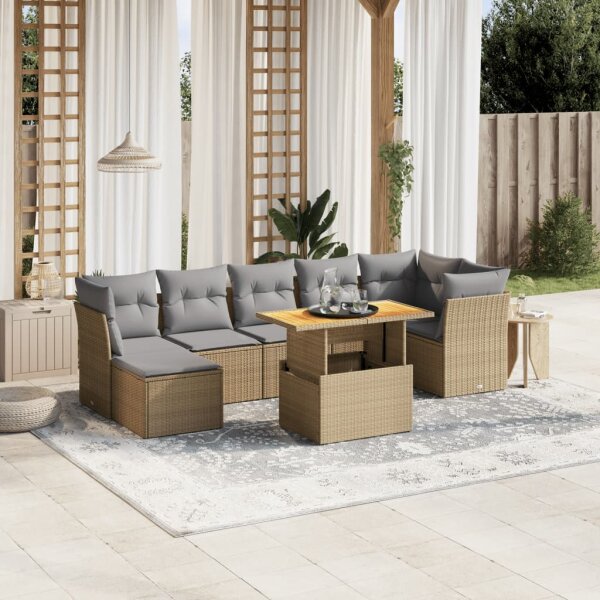 vidaXL 8-tlg. Garten-Sofagarnitur mit Kissen Beige Poly Rattan