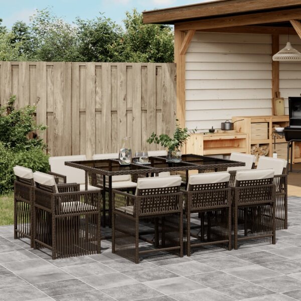 vidaXL 11-tlg. Garten-Essgruppe mit Kissen Braun Poly Rattan