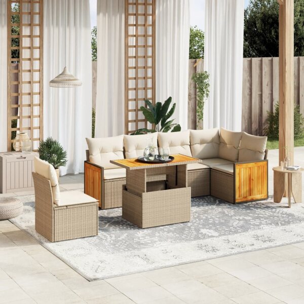 vidaXL 7-tlg. Garten-Sofagarnitur mit Kissen Beige Poly Rattan