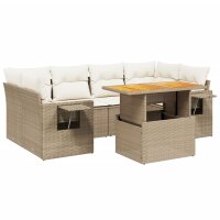 vidaXL 7-tlg. Garten-Sofagarnitur mit Kissen Beige Poly Rattan