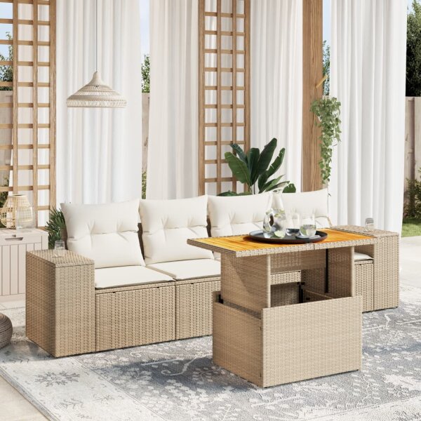 vidaXL 5-tlg. Garten-Sofagarnitur mit Kissen Beige Poly Rattan