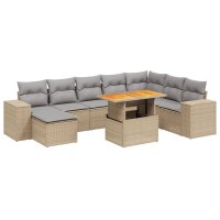 vidaXL 9-tlg. Garten-Sofagarnitur mit Kissen Beige Poly Rattan