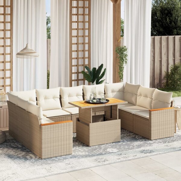 vidaXL 10-tlg. Garten-Sofagarnitur mit Kissen Beige Poly Rattan