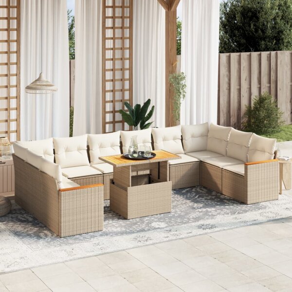 vidaXL 11-tlg. Garten-Sofagarnitur mit Kissen Beige Poly Rattan