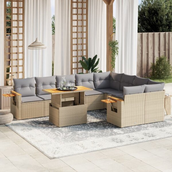 vidaXL 10-tlg. Garten-Sofagarnitur mit Kissen Beige Poly Rattan