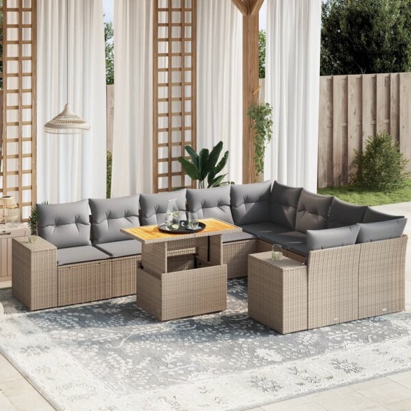 vidaXL 10-tlg. Garten-Sofagarnitur mit Kissen Beige Poly Rattan