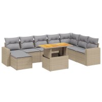 vidaXL 9-tlg. Garten-Sofagarnitur mit Kissen Beige Poly Rattan