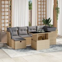 vidaXL 7-tlg. Garten-Sofagarnitur mit Kissen Beige Poly Rattan