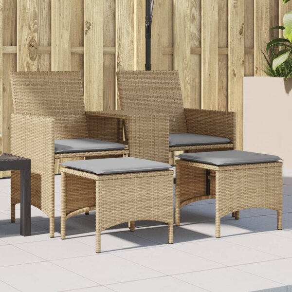 vidaXL Gartensofa 2-Sitzer mit Tisch und Hockern Beige Poly Rattan