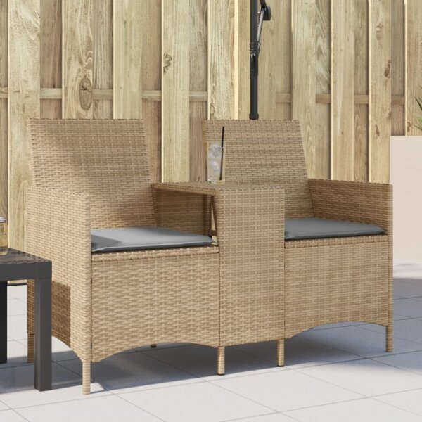 vidaXL Gartensofa 2-Sitzer mit Tisch und Kissen Beige Poly Rattan