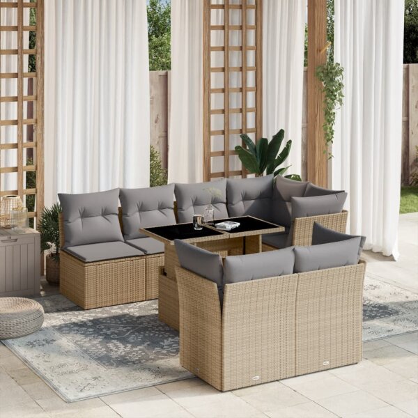 vidaXL 8-tlg. Garten-Sofagarnitur mit Kissen Beige Poly Rattan