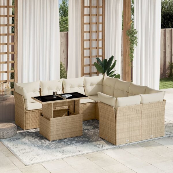 vidaXL 9-tlg. Garten-Sofagarnitur mit Kissen Beige Poly Rattan