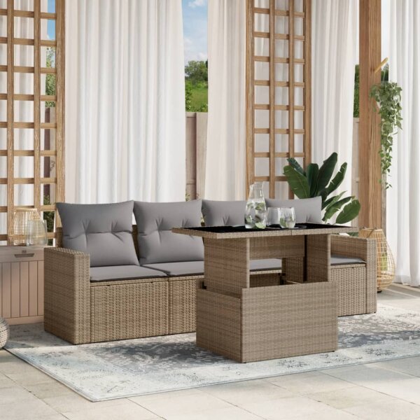 vidaXL 5-tlg. Garten-Sofagarnitur mit Kissen Beige Poly Rattan